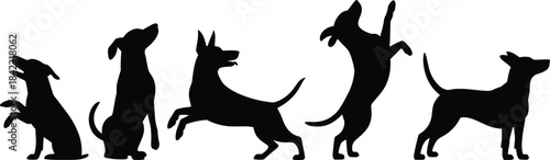 Silhouettes of five playful dogs in dynamic poses, black illustration capturing motion, behavior, and canine personality for pet themes