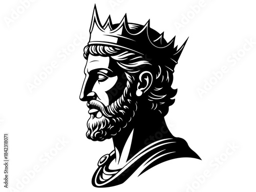 A striking black and white illustration of a king's profile, adorned with a detailed crown and a regal beard.