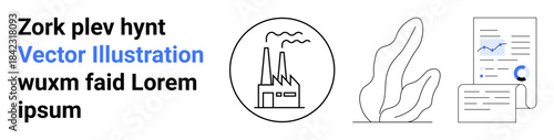 Environmental awareness, industrial processes, business analytics, eco-conscious design, natural sustainability, corporate strategy. A factory, plant illustration and data graphs. Industrial