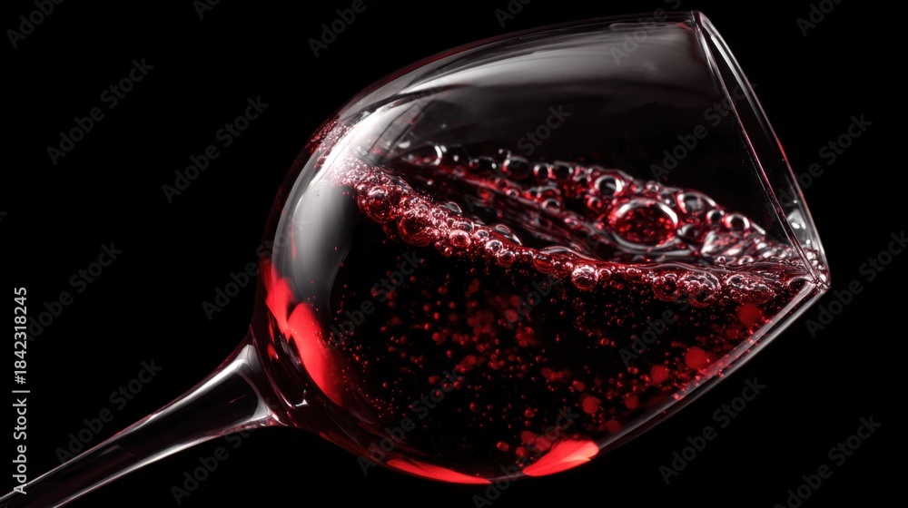 Obraz premium Elegant Red Wine Swirl in Glass Against Black Background Showcasing Rich Color and Texture