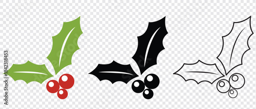Holly berry icons. Cartoon holly leaves and berries. Chritmas logo wirh holly leaves and berries. vector illustration.