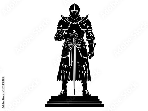 A detailed black and white illustration of a medieval knight in full armor, standing stoically on a tiered platform, holding a sword.