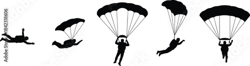 Silhouettes of five skydivers in various parachute stages, illustrating dynamic descent for sports, education, and design themes.