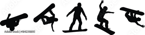 Silhouettes of five snowboarders performing aerial tricks and maneuvers mid-air, showcasing dynamic motion, athleticism, and freestyle snowboarding skills