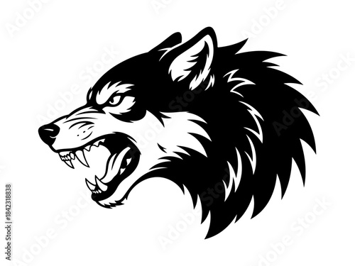 A fierce black and white illustration of a wolf's head with bared teeth and an aggressive expression.