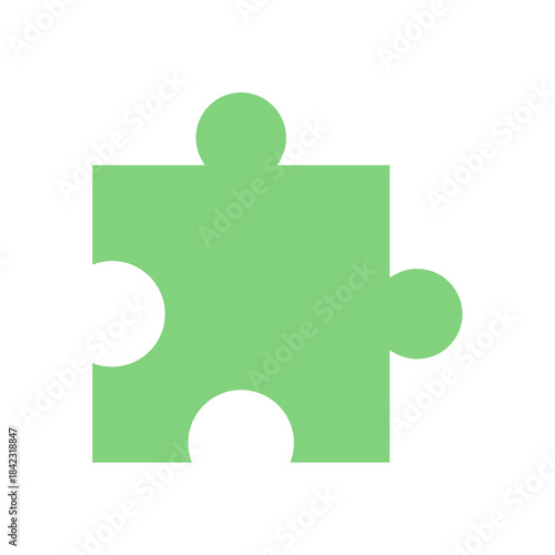 Flat green jigsaw puzzle piece with a simple silhouette isolated on white. A fun element in boardgame and table play, ideal for toy or hobby visuals. Perfect for playful concepts, family