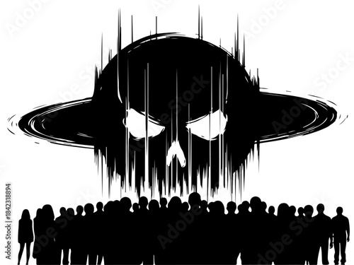 A large, menacing skull-shaped shadow looms over a crowd of silhouetted people.