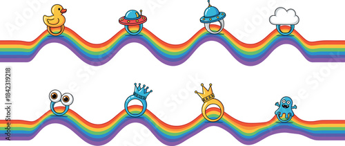 Set of Eight Cute Rings with Various Toppers (Duck, UFO, Crown) on Wavy Rainbow Trails Illustration