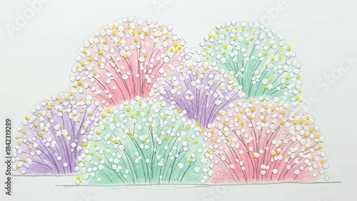 Group of Stylized Pastel Pink, Purple, and Green Flowering Bushes with White Blossoms