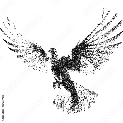 Distressed stipple dove, black grain texture of a flying bird. Grunge photocopy noise effect on white background, vector illustration