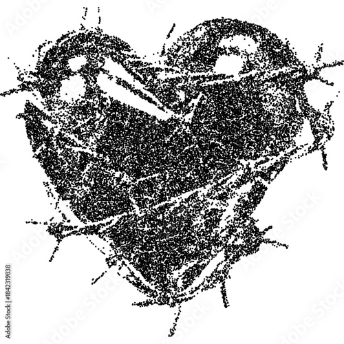Distressed stipple heart, black grain texture of a thorny symbol. Grunge photocopy noise effect on white background, vector illustration