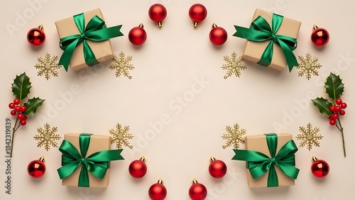 Christmas gifts and decorations arranged in a square shape