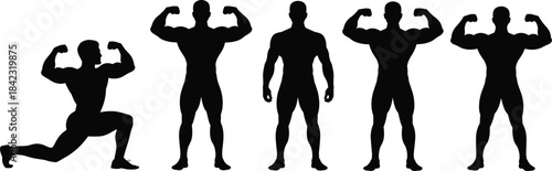 Silhouettes of muscular individuals in bodybuilding poses, ideal for fitness, strength, health, sports, and physique illustrations