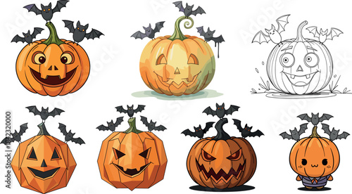 Set of Seven Halloween Pumpkin and Jack-O'-Lantern Characters with Flying Bats Illustration
