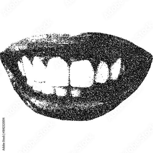Rough stipple lips, black grain texture of smiling mouth. Grunge photocopy noise effect on white background, vector illustration