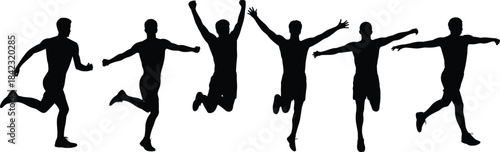 Silhouettes of person in dynamic jumping and running poses, black illustration capturing motion, energy, and athletic movement