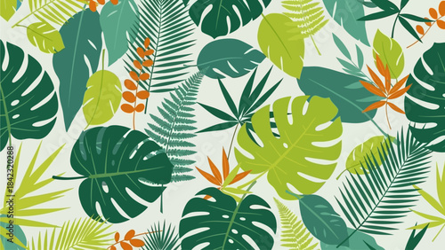 Seamless tropical leaf pattern with various green foliage and orange accents on a light background.