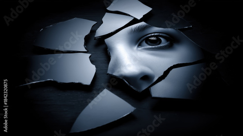 Mysterious human eye looking through sharp broken glass shards of a shattered mirror, representing mental health concepts of depression, anxiety, fear and split identity in a dark abstract reflection.