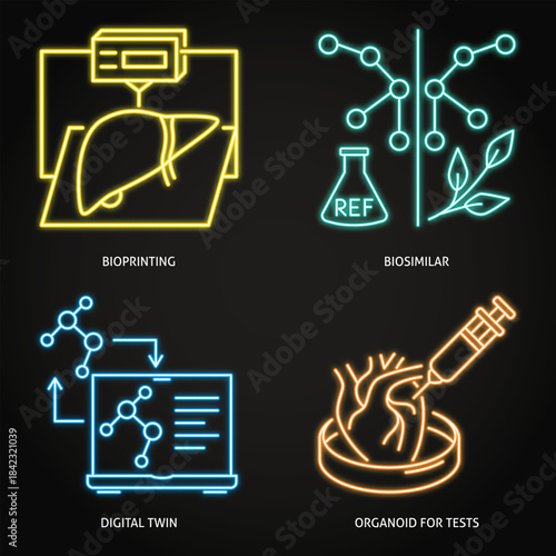 Innovative medicine techniques neon icon set