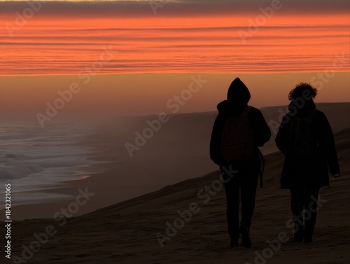 A romantic couple strolls hand in hand along the beach at sunset, embracing the serene beauty of nature's vibrant colors.