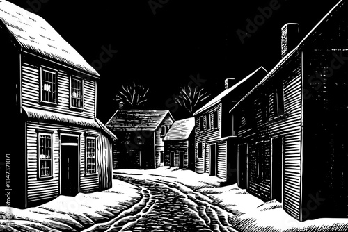 Portland’s old town appears as a snowy sketch with timber buildings, icy streets, soft pencil textures, and a calm urban winter atmosphere