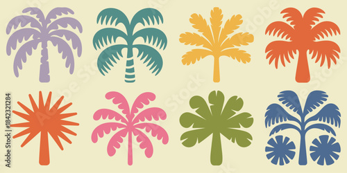Eight colorful stylized palm tree in pastel and vibrant hues trees