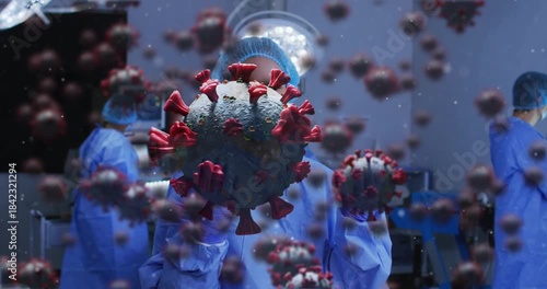 Nurse at center in medical OR, scattered virus drifting forward, obscuring torso, showing spread