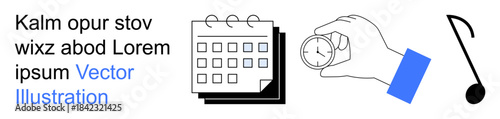 Time management, scheduling, productivity, design elements, music creativity, organizational tools. Calendar, stopwatch music note icons and placeholder text. Time management and productivity