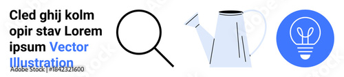 Knowledge, innovation, gardening tools, search ideas, educational concepts, exploration. A magnifying glass, watering can and bulb icon. Knowledge and innovation concepts for learning and creativity