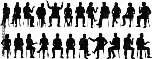 Silhouettes of seated individuals in expressive postures, black illustration representing communication, listening, and social interaction dynamics