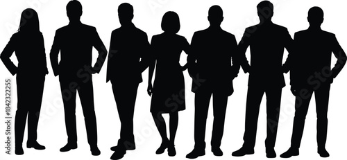Silhouettes of seven confident business professionals in formal attire standing side by side, symbolizing leadership, unity, and corporate identity