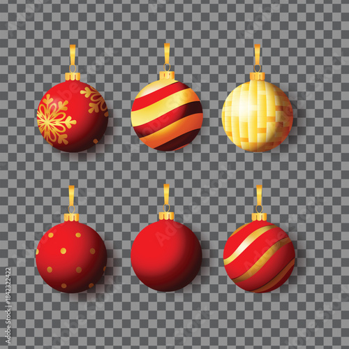 Realistic red, black, gold, silver Christmas balls isolated on transparent background