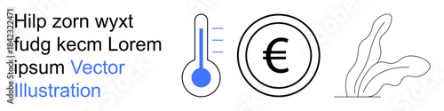 Financial analysis, ecology trends, environmental awareness, monetary value, sustainability, digital technology. Thermometer with scale, euro symbol and plant graphic. Financial analysis and ecology