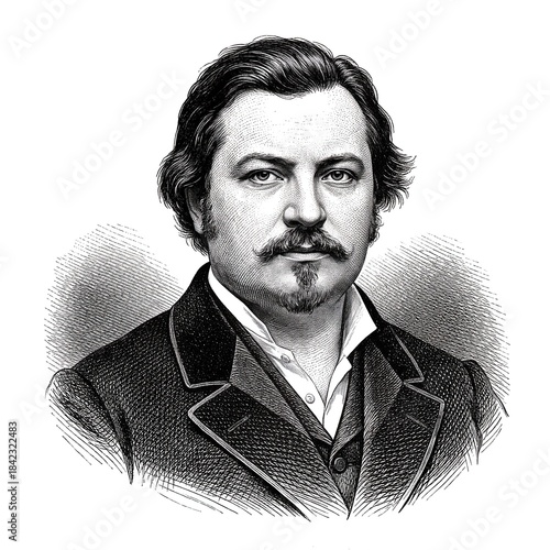Black and white vintage engraving, close-up headshot portrait of Honoré de Balzac, the famous historical French novelist and playwright, white background, greyscale