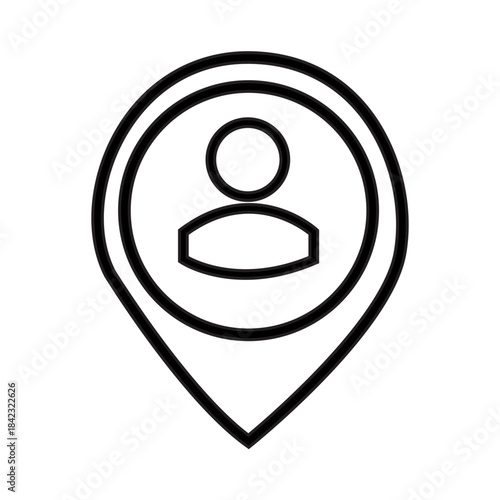 Stylized line art icon represents a large map pin or locator marker, used to indicate a specific geographic position, specifically the user's current whereabouts. Related to navigation, GPS tracking