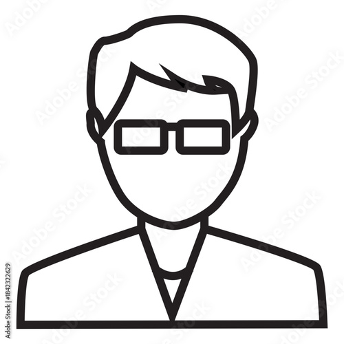 Stylized line art icon represents a man's head and shoulders, features eyeglasses and a collared neckline, typically used as an avatar profile picture for a medical professional, healthcare provider