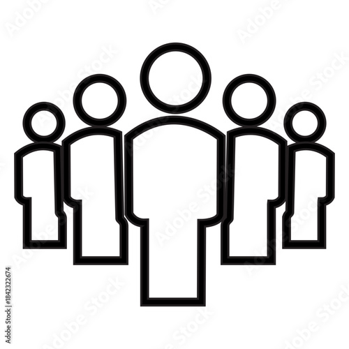 Stylized line art icon represents a group of five people, with a single, larger figure positioned prominently in the center foreground, denoting leadership, a team, or a manager and subordinates
