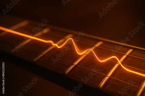 A guitar string vibrates with a glowing orange waveform, visually capturing sound in motion. Warm tones and shallow focus create a striking fusion of music, light, and artistic representation.