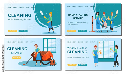 Set banners of cleaning service. Team of cleaners with equipment. Professional home and office housekipping. Cartoon characters and tools on the blue background.