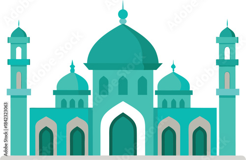 A stylized flat design vector illustration of a mosque with minarets and domes