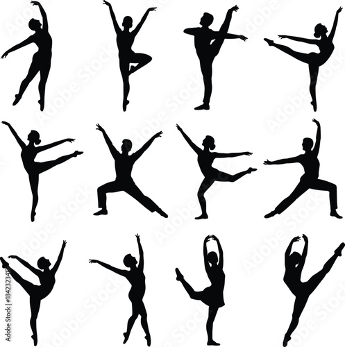 Silhouettes of twelve ballet dancers in classical poses, showcasing expressive movement, elegance, and flexibility for artistic design use.
