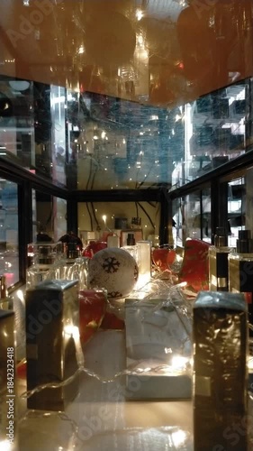 the glitter of Christmas lights in a store window