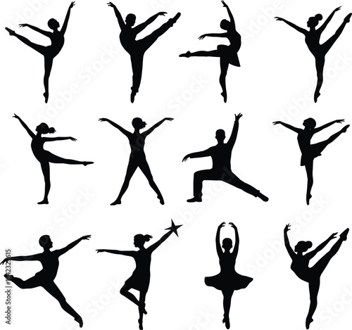 Silhouettes of twelve ballet dancers in elegant poses, showcasing classical movement and grace for artistic and educational design use.