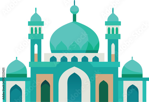 A beautifully designed teal mosque with minarets and domes in flat illustration style