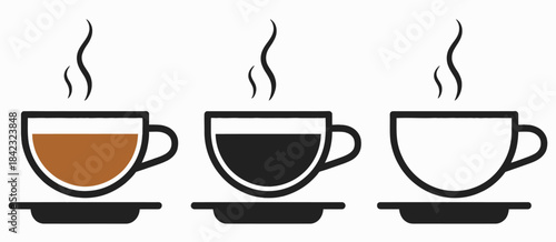 Three steaming coffee cups with varying liquid levels in black and white and brown