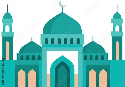 Flat design illustration of a mosque building with domes and minarets