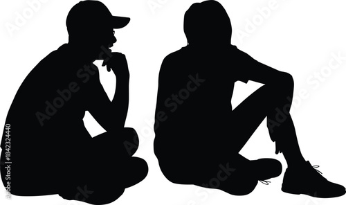Silhouettes of two seated individuals in casual thoughtful poses for rest, contemplation, posture, and design reference