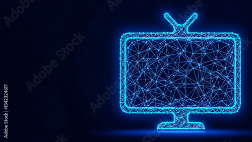 A stylized representation of an old television, formed by interconnected lines and dots in a bright neon blue, against a deep navy blue void. The image evokes a sense of digital art, futuristic