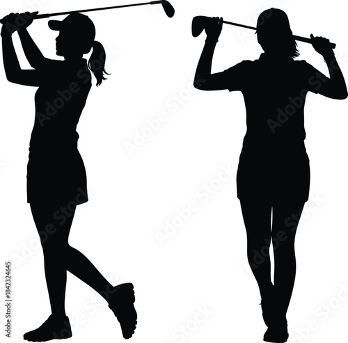 Silhouettes of two women in golf poses, black illustration capturing swing posture, athletic form, and sporty elegance