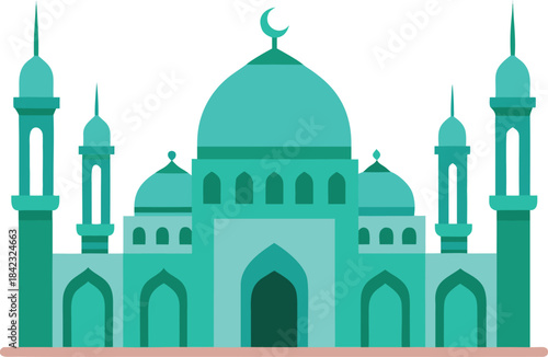 A flat design vector illustration of a mosque featuring teal domes and minarets